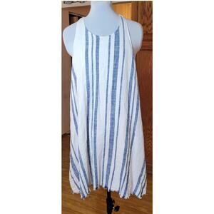 Just Fab Womens Linen Blend Dress XL Blue Stripes Fringe Pockets Coastal Beach